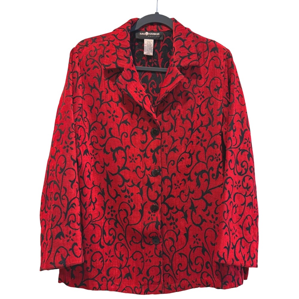 Sag Harbor Petite Red Black Floral Jacquard Button Front Blazer Jacket Women 10P